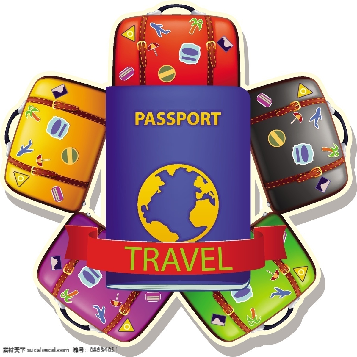 创意行李箱 旅行箱 行李箱 贴纸 箱包 护照 旅游 插画 背景 提包 标签 生活百科 矢量素材