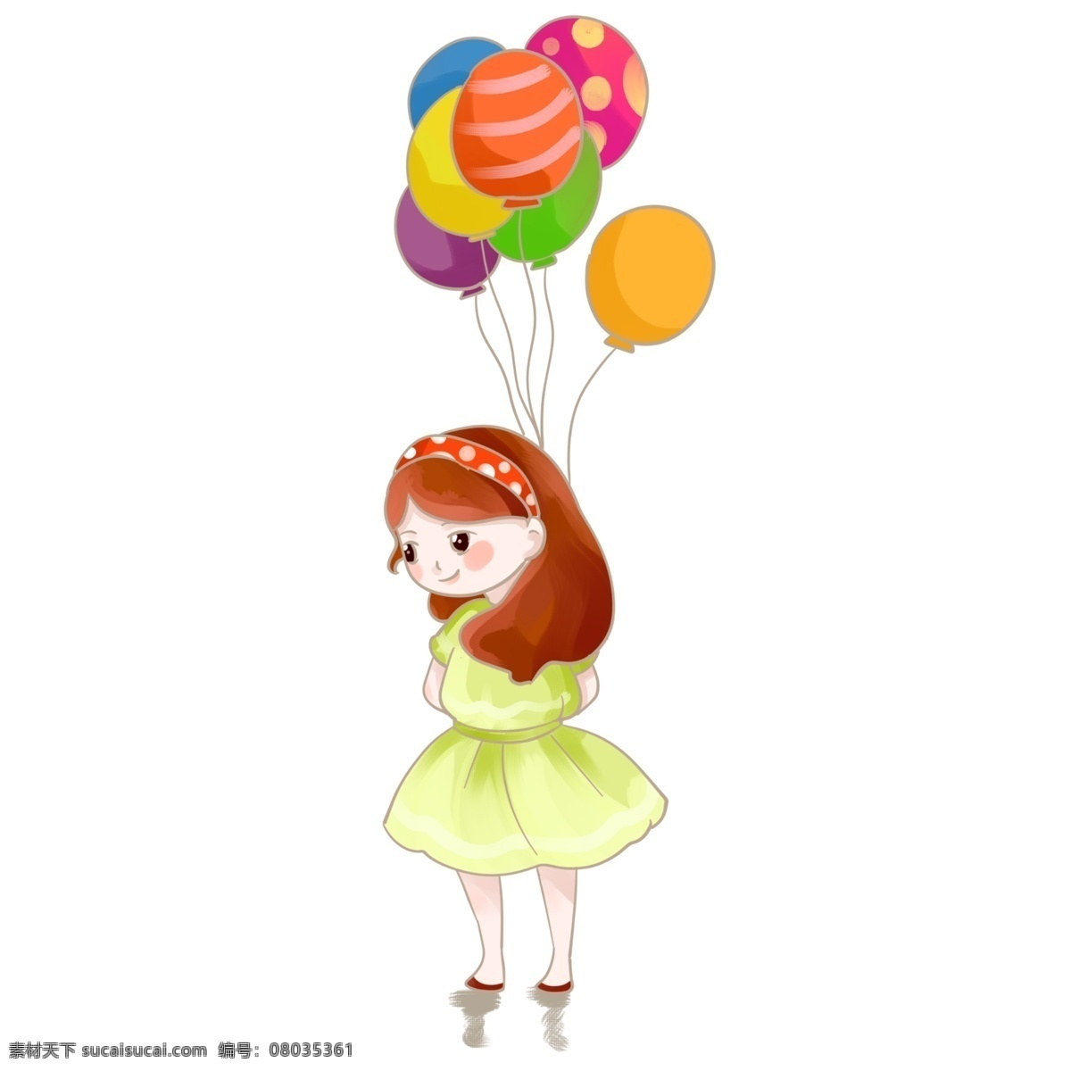 六一儿童节 可爱 小女孩 背 气球 儿童节 可爱的小女孩 黄绿色蓬蓬裙 波点发夹 五彩缤纷