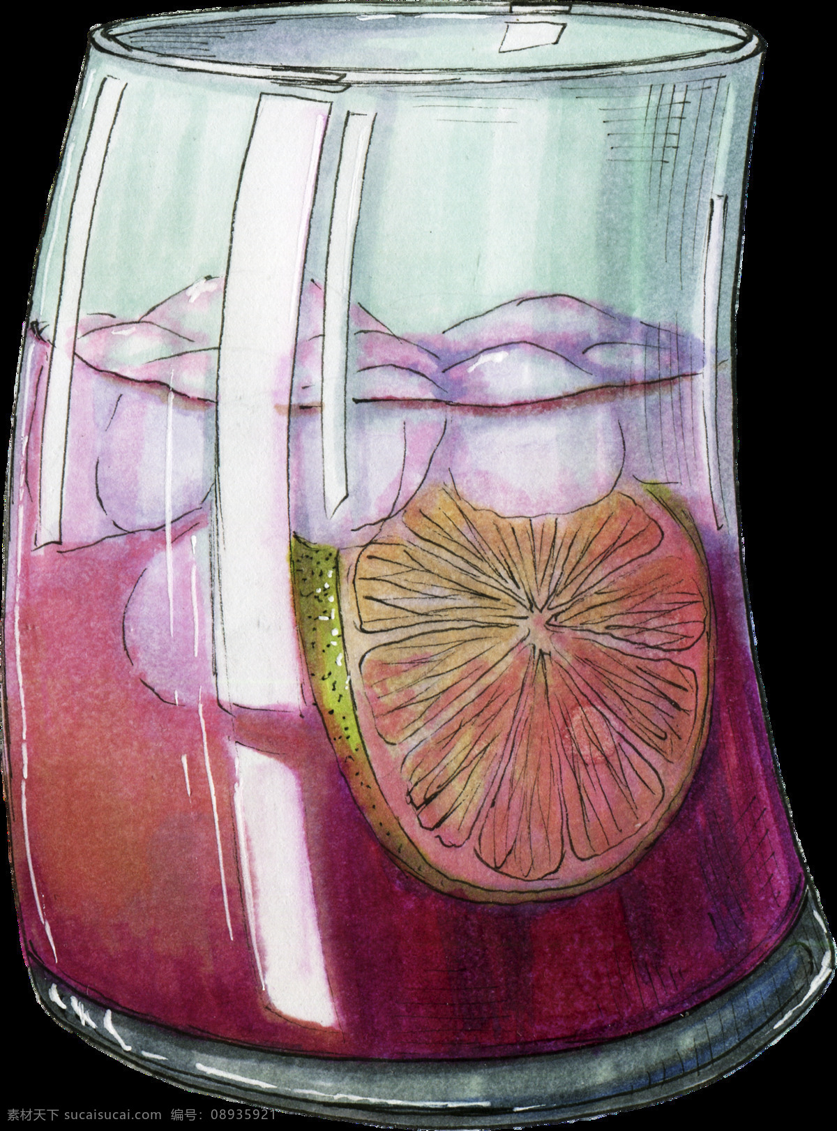手绘 不规则 果汁 杯子 透明 装饰 图案 柠檬 冰块 紫色 装饰图案