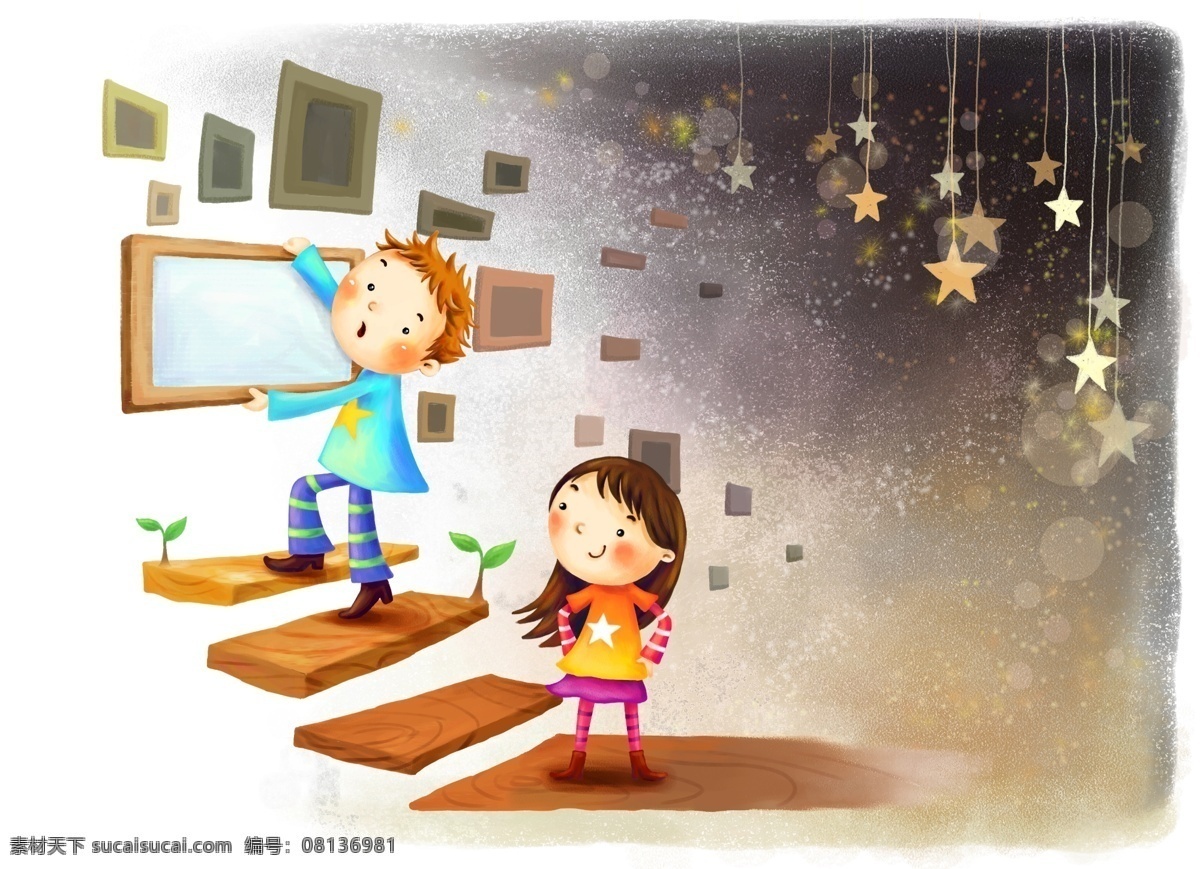 挂画免费下载 儿童 画 楼梯 墙 星星 psd源文件
