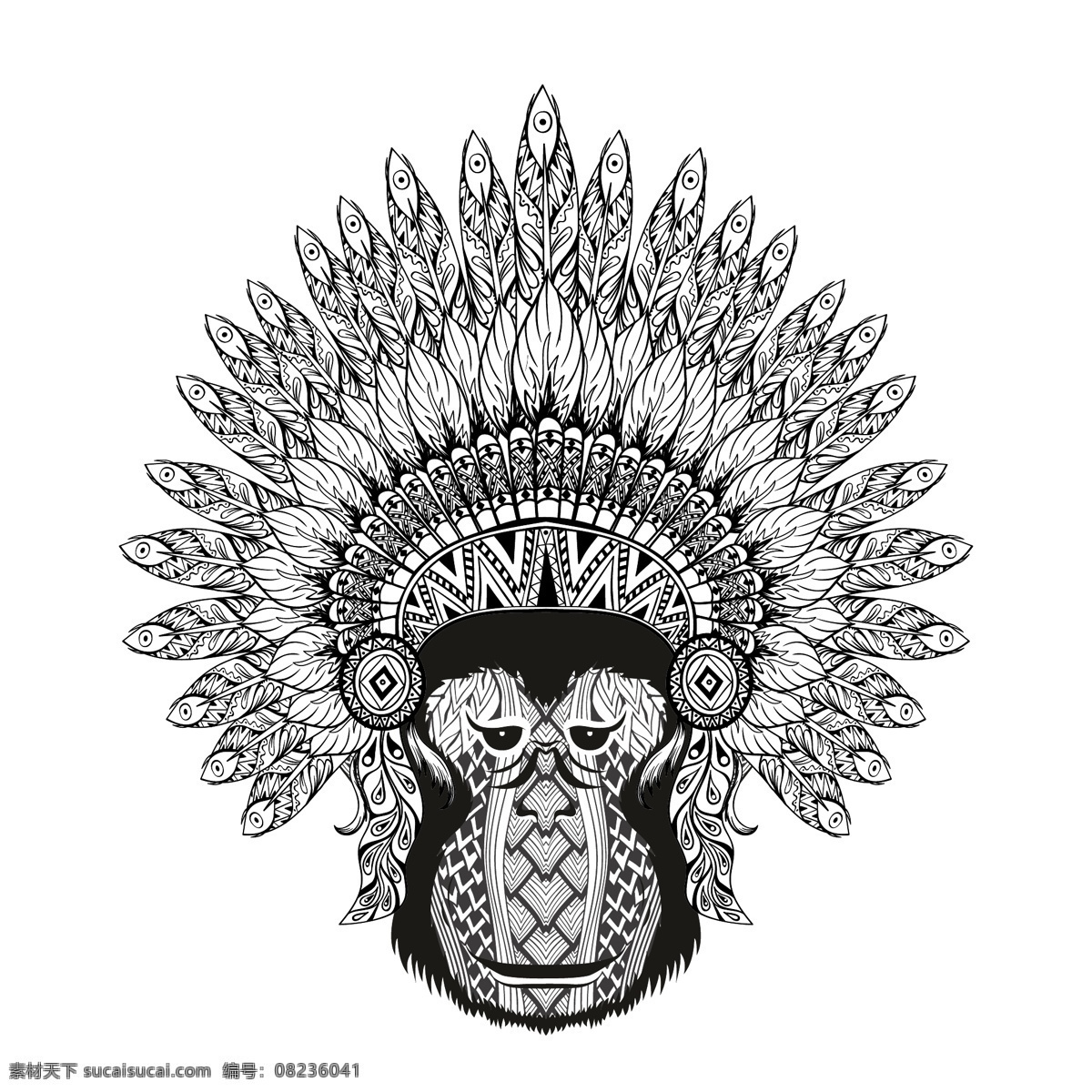 黑白 卡通 可爱 猴子 插画 动物 艺术 羽毛 手绘