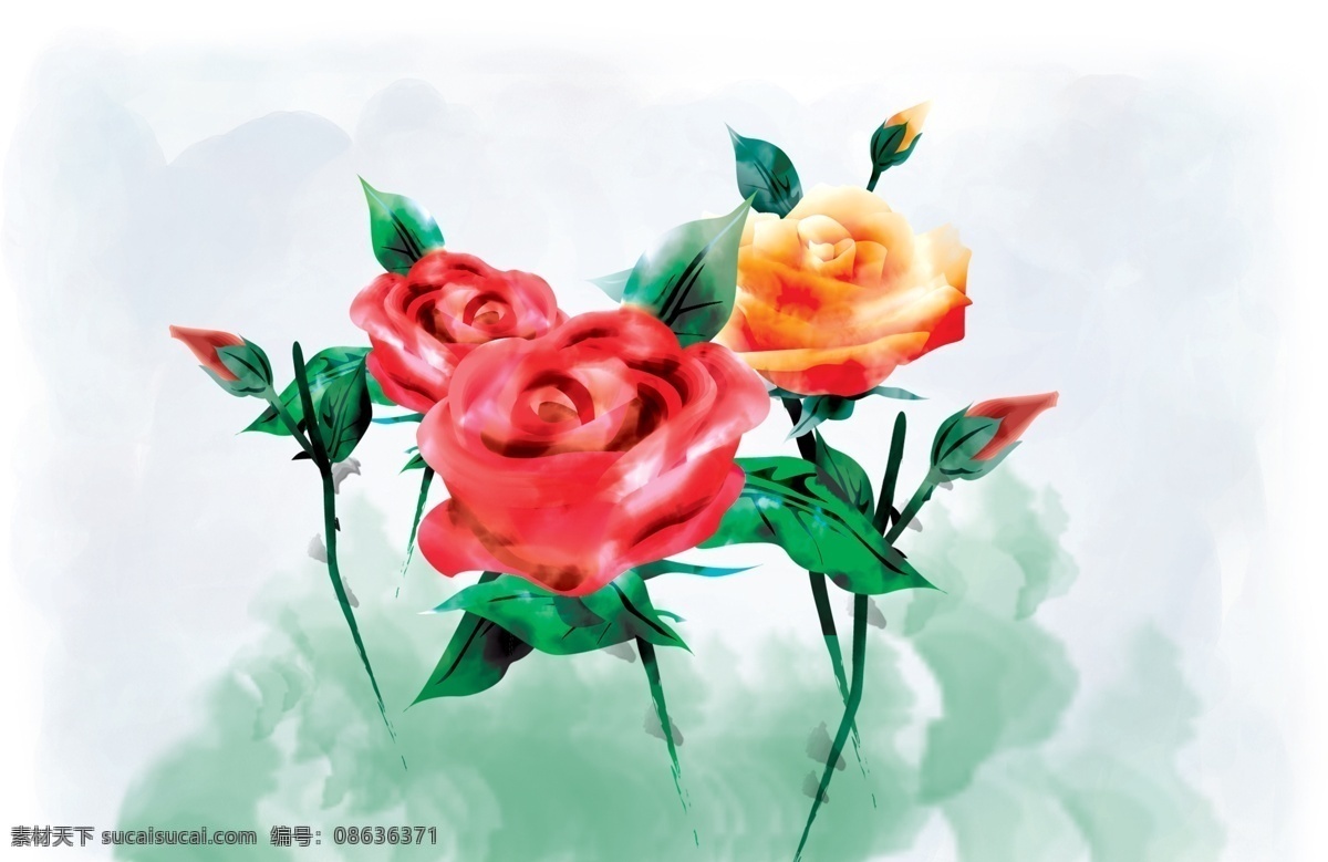 蔷薇花 橙色 红色 绿色背景 手绘 psd源文件
