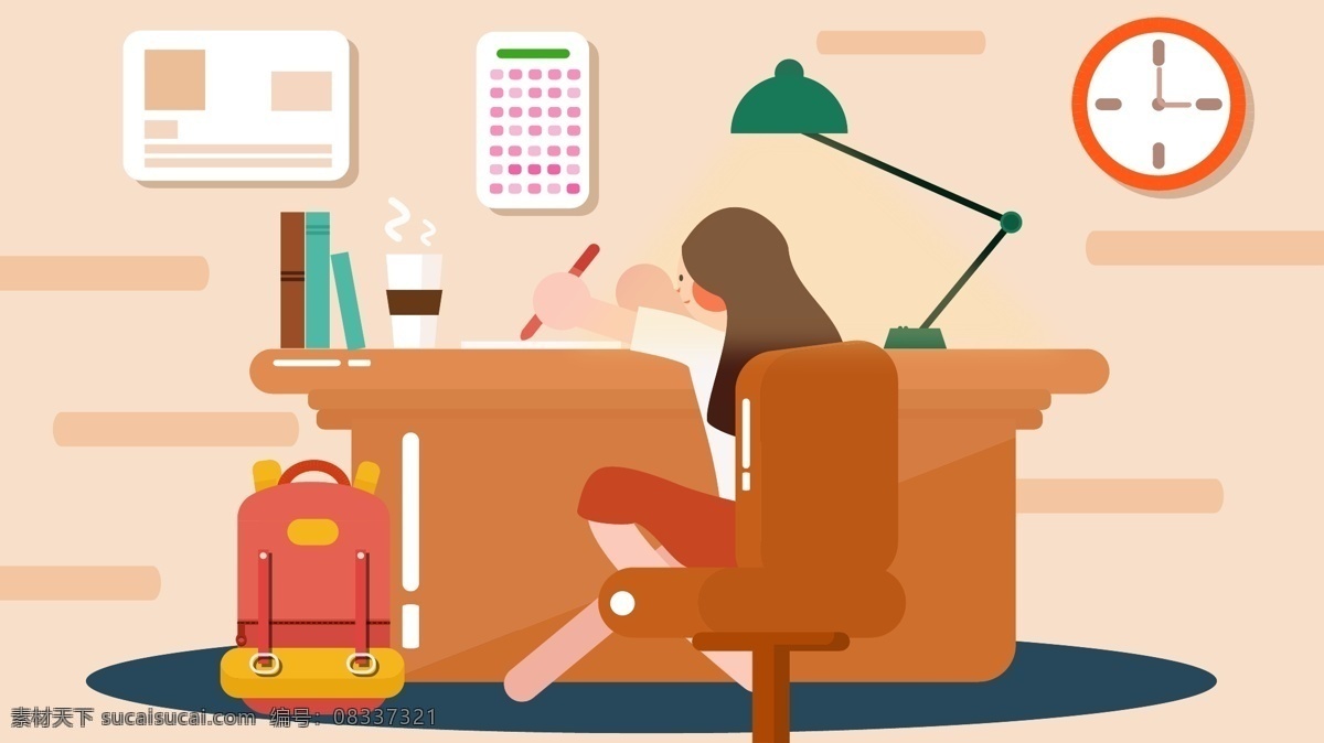 原创 矢量 插画 开学 季 写作 业 开学季 书本 室内 手机背景 开学啦 矢量插画 宿舍 家庭作业 夜晚 书包 赶作业 台灯 闹钟 写作业的女孩 暖色调 扁平风 手机壁纸 微 信 公众 号 配 图 电脑壁纸 小清新插画