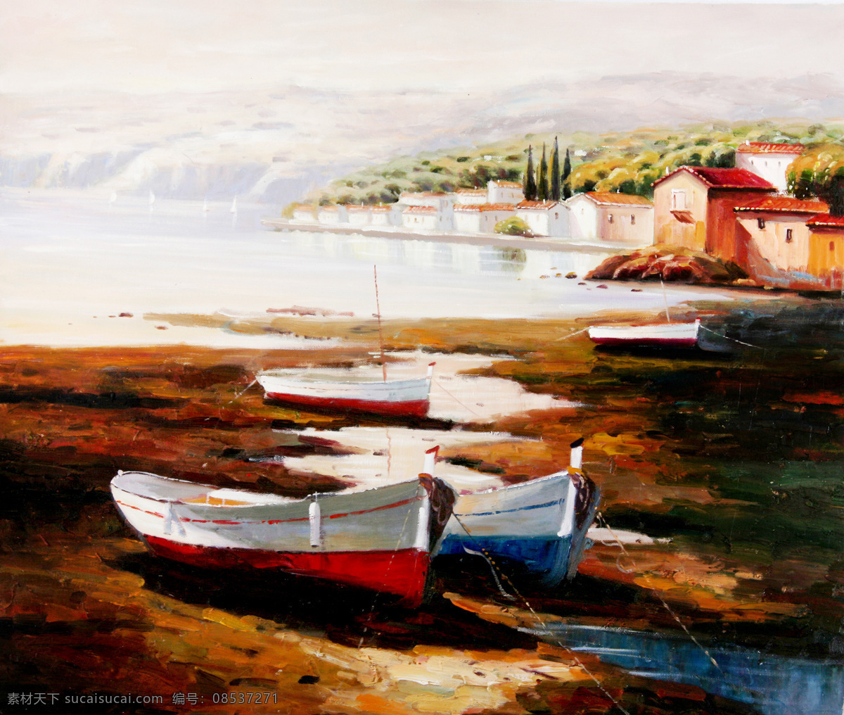 地中海油画 地中海 船景 欧式 油画 装饰 绘画书法 文化艺术