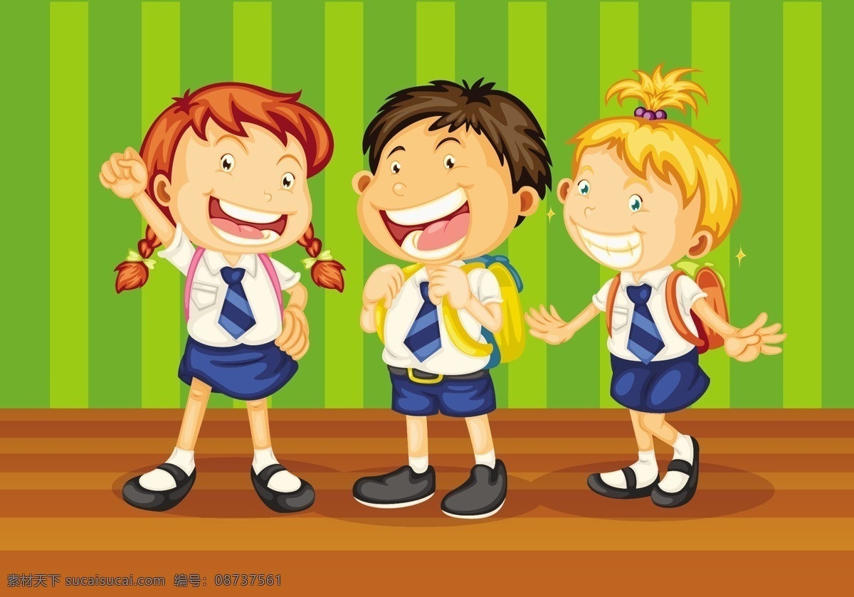 背书 包 上学 小学生 书本 小朋友 小男孩 小女孩 儿童 手绘 卡通 漫画 卡通人物 漫画人物 儿童幼儿 矢量人物 矢量素材 绿色
