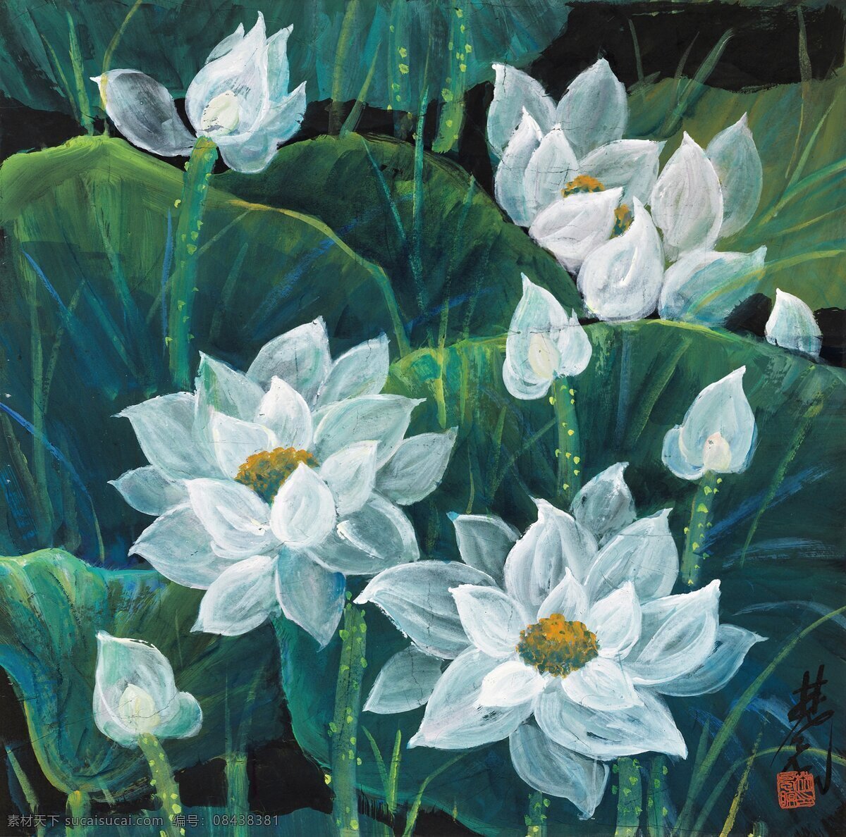 白荷花 林凤眠作品 静物鲜花 盛开 荷塘 现代油画 油画 文化艺术 绘画书法