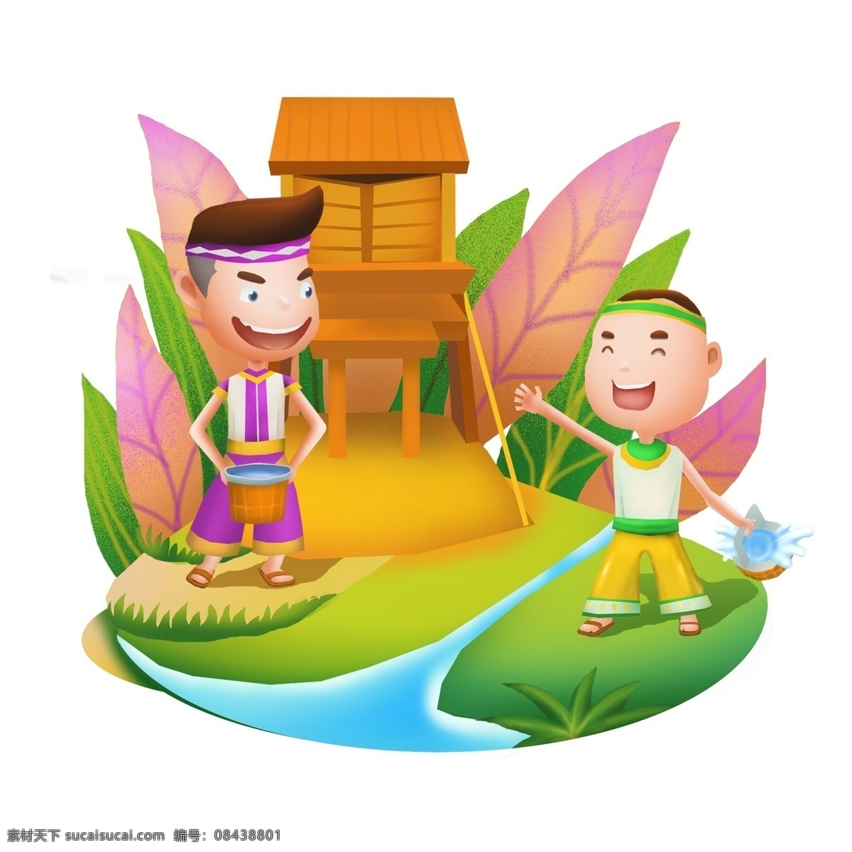 商用 高清 手绘 泼水节 人物 场景 卡通人物 欢乐 可商用 房子