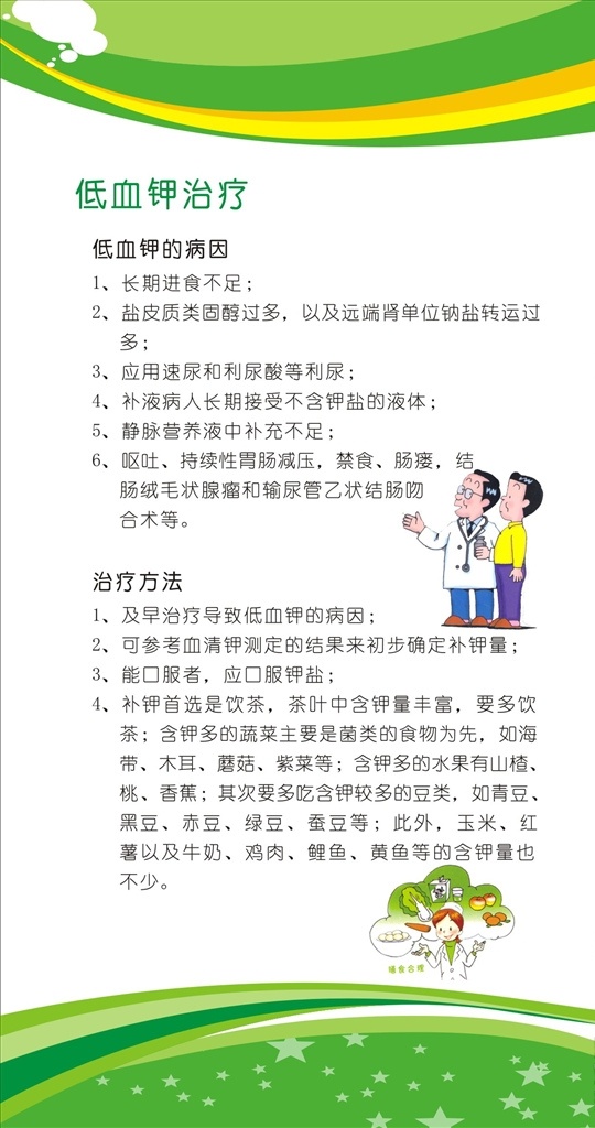 治疗低血钾 低血钾 低血钾的治疗 低血钾的预防 慢性病 低血钾知识 预防低血钾 了解低血钾 绿底 健康素养 促进行动 医院展板 医院宣传 医院制度 制度 医院宣传栏 卡通医生 医患关系 健康生活 健康 治疗 医院宣传相关