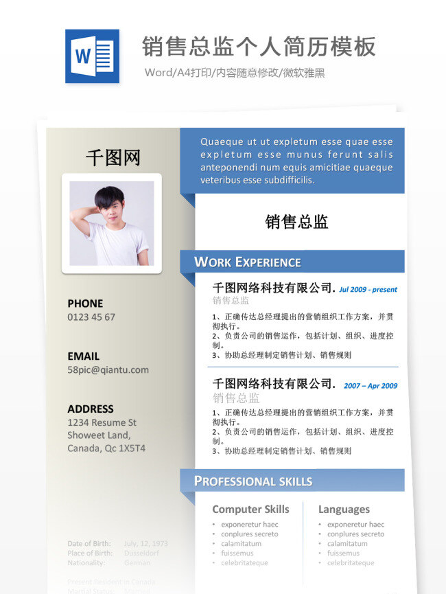 销售 总监 三 年 经验 简历 模板 简历模板 个人简历 商务 蓝色 个人简历模板 销售总监 市场 35年