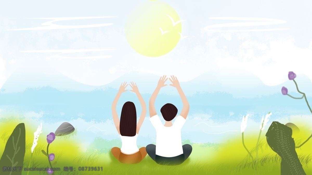 情侣 海边 游玩 绿色 情人节 小 清新 原创 插画 小清新 电脑壁纸 河边 绿色情人节 原创插画 手机壁纸 植物花卉 配图