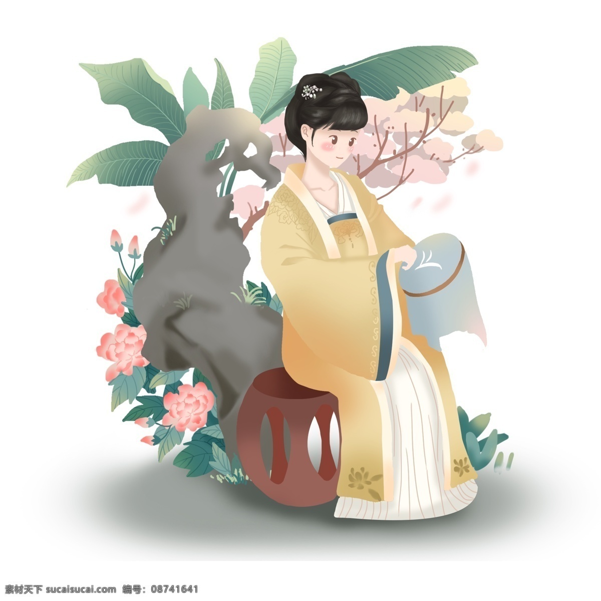 知 否 剧中 明 兰卡 通 形象 假山 芭蕉 刺绣 古典 小清新 知否 明兰 牡丹