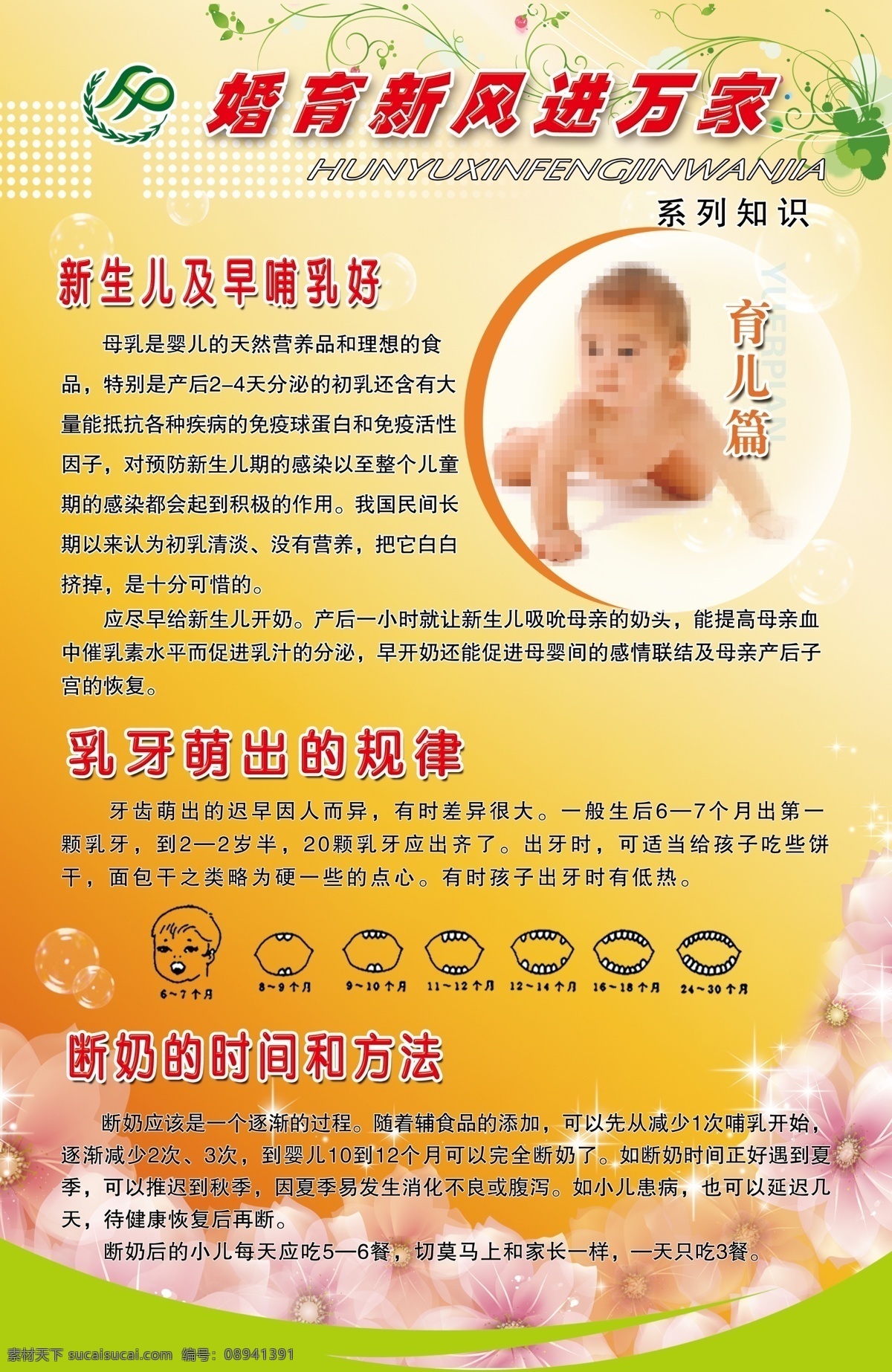 计生图版 婚育 新风 进 万家 计生标志 新生儿 及早 哺乳 好 乳牙 萌 出 规律 断奶 时间 方法 儿童 宝贝 育儿篇 图版 花 背景图 广告设计模板 源文件