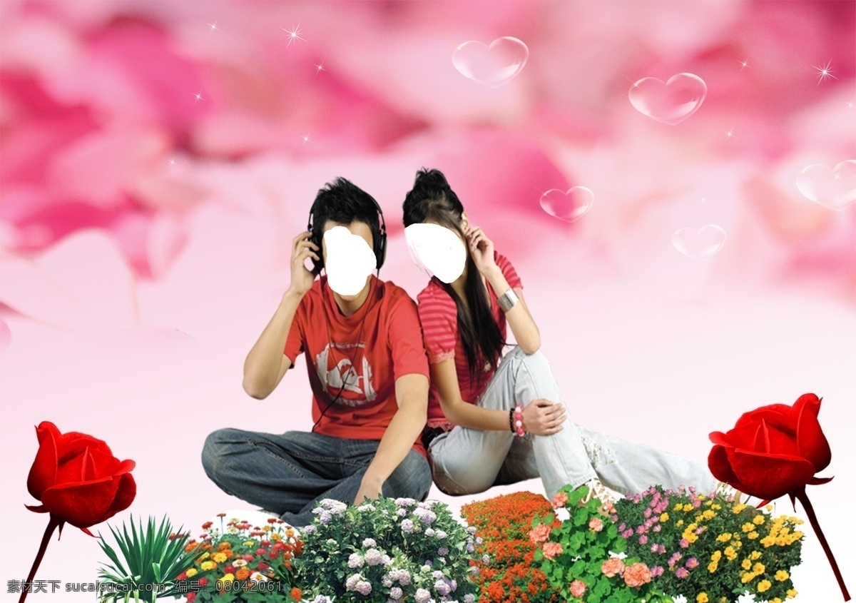 人物 花卉 花朵 玫瑰 透明泡泡 小草 心形 海报 海报背景图