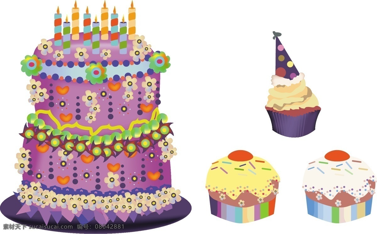 生日蛋糕 花朵 奶油蛋糕 生日蜡烛 矢量素材 小蛋糕 花朵蛋糕 彩色蛋糕 矢量图