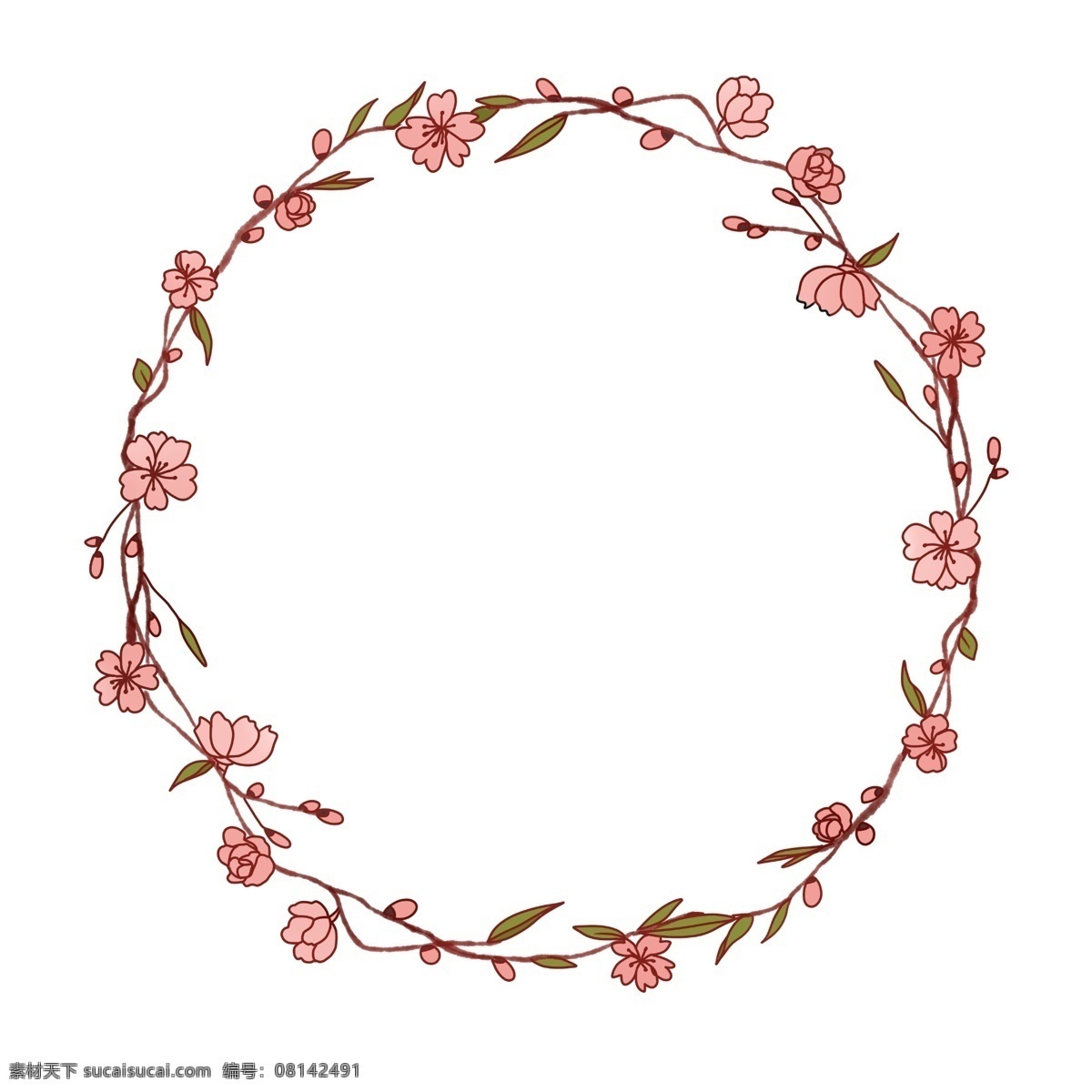 粉色 桃花 花环 插画 粉色的花环 粉色桃花 桃花花环 花环边框 圆形边框 植物装饰 花朵 花卉 花苞