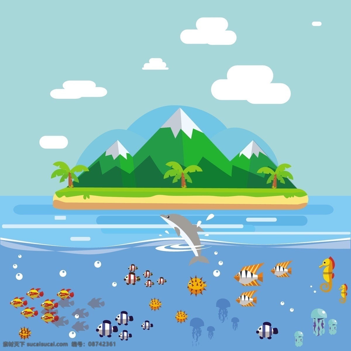 创意 岛屿 海洋 风景 矢量 创意岛屿 海洋风景 矢量素材 鱼群 矢量图 小清新 青色 天蓝色