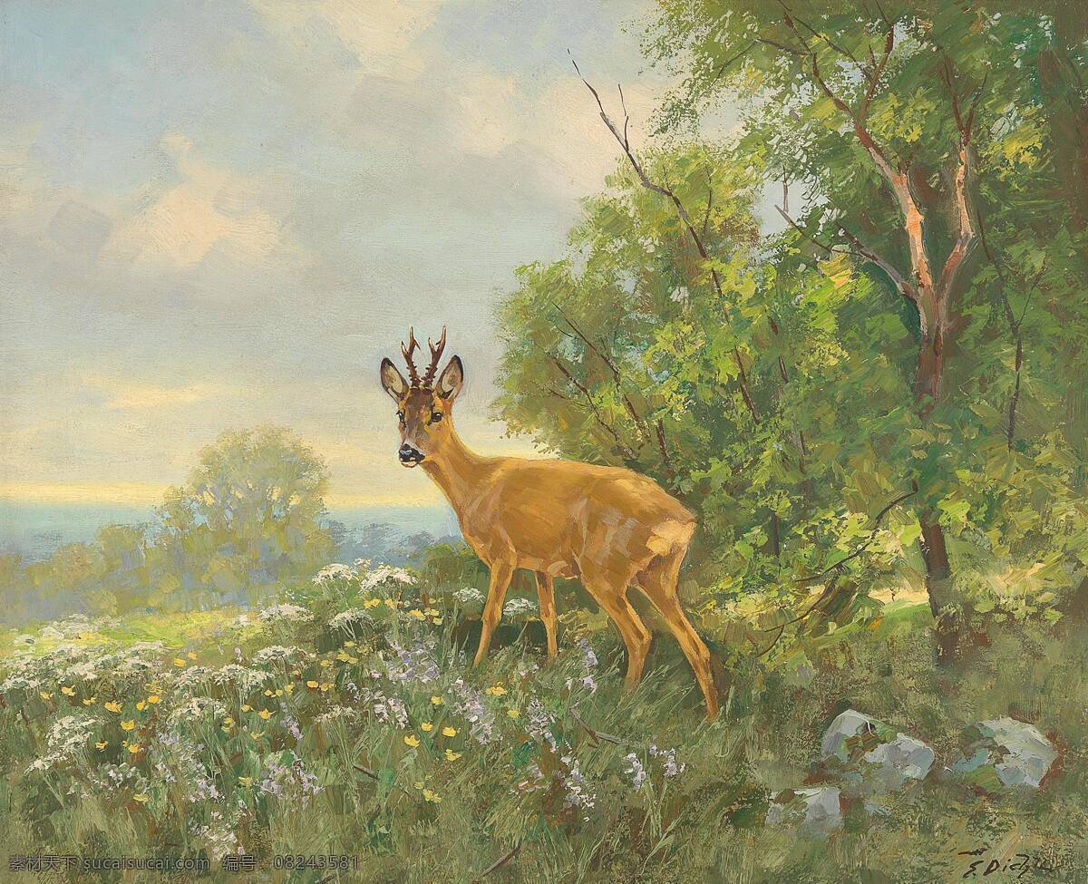 鹿儿 雄性 树木 草丛 穿行 19世纪油画 油画 文化艺术 绘画书法