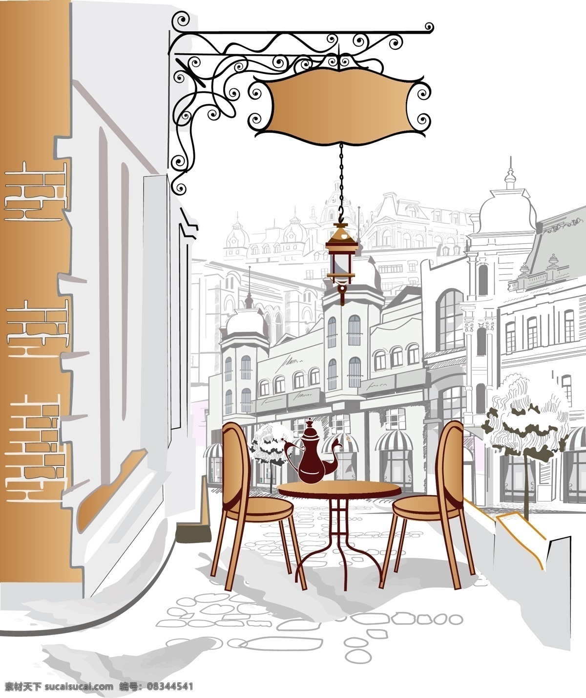 手绘 街角 咖啡 座 小景 插画 欧洲 艺术 建筑 咖啡座 休闲