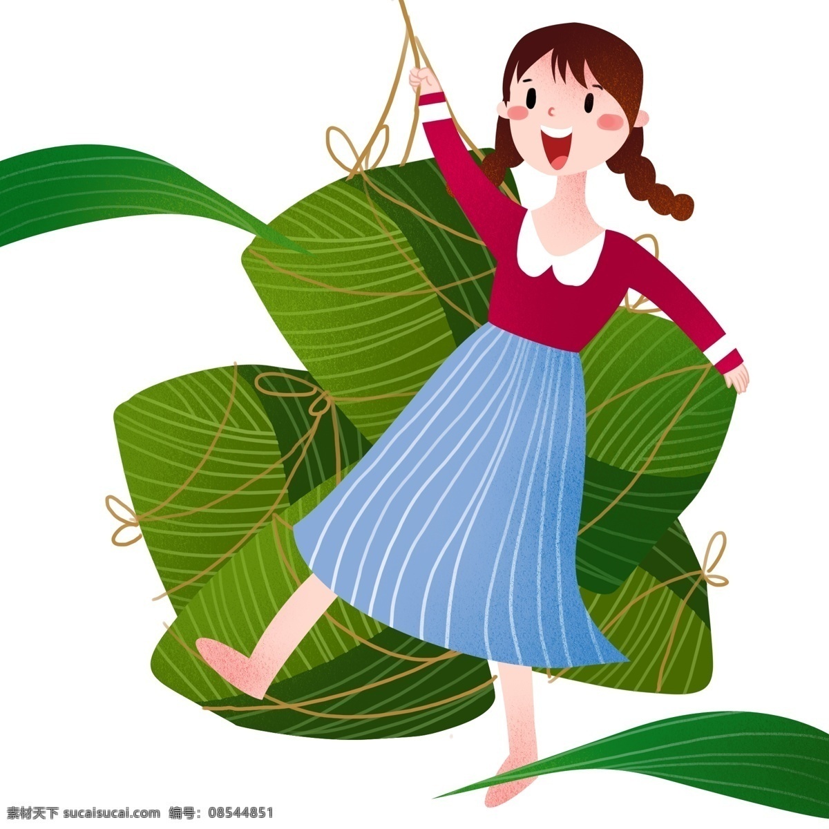 跳舞 小女孩 粽子 端午节 人物 插画 跳舞的小女孩 开心的小女孩 黄色的绳子 绿色的粽子 卡通人物