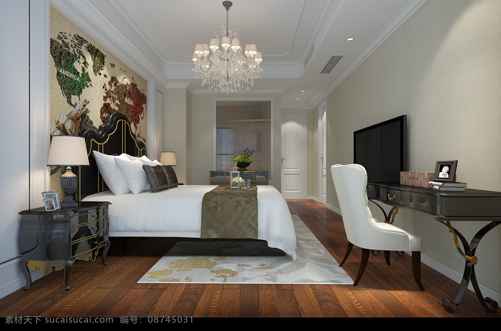 欧式 卧室 现代 简约 床 室内 家装 效果图 背景墙 地板 灯具 电视 书桌 椅子