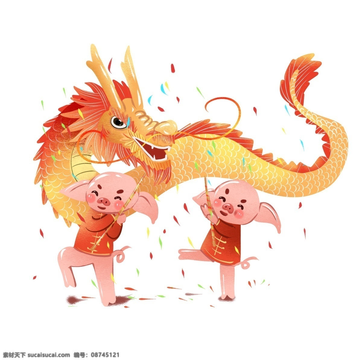 2019 春节 猪年 插画 舞龙 元素 商用 喜庆 新年 生肖 猪