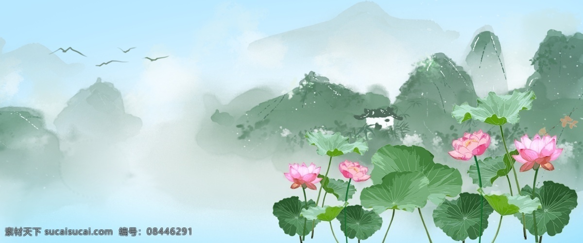 六月 荷花 荷塘 海报 背景 六月花卉 中国风山 荷花背景 云雾缭绕 禅意 电商 古风 红花 祥云