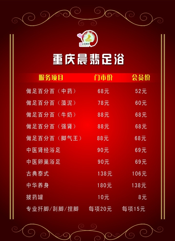 足浴价格表 浴足 价格 红色底图 足疗价格 分层 源文件