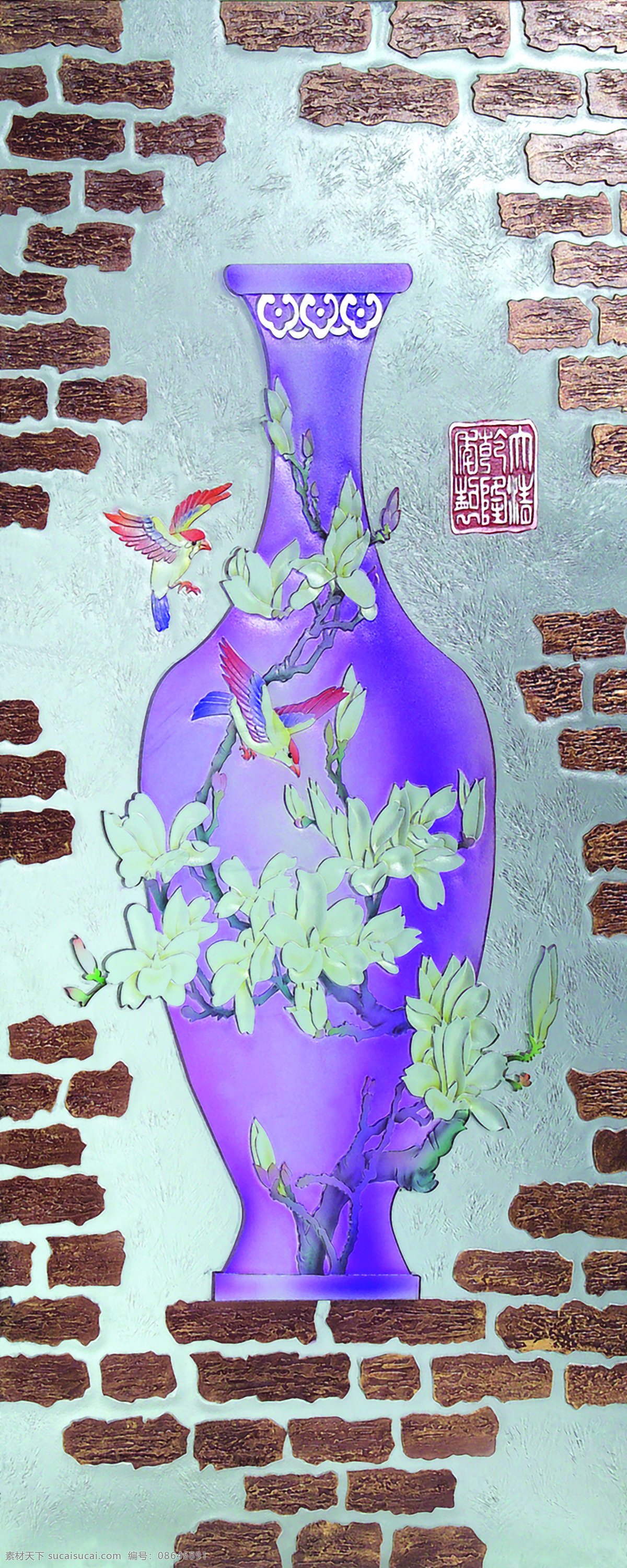 花瓶 瓷砖 背景 墙 带路 径 中国风 中式 传统 经典 古典 背景墙 浮雕 花鸟 电视背景墙 效果图