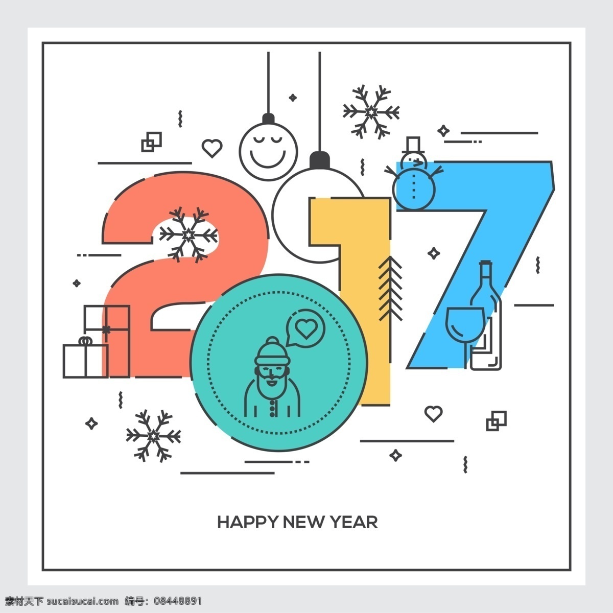 2017 新年贺卡 彩色 图标 扁平化 贺卡 红酒 圣诞节 圣诞老人 笑脸 新年 雪花 雪人