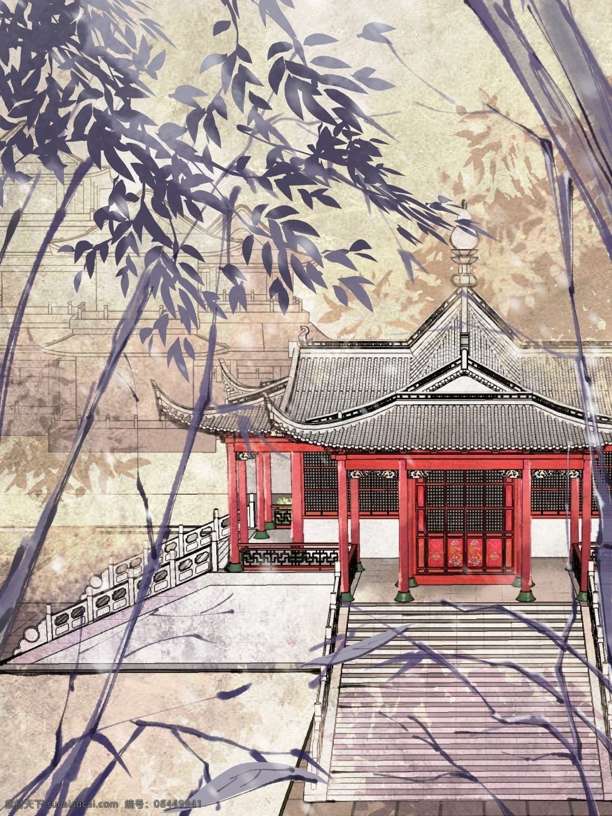 原创 中国 风 复古 水墨 插画 建筑 手机 微信 banner 中国风 徽派建筑 冬季 树枝 古风 肌理 壁纸 微博 背景 海报 头图 闪屏 启动 开机页