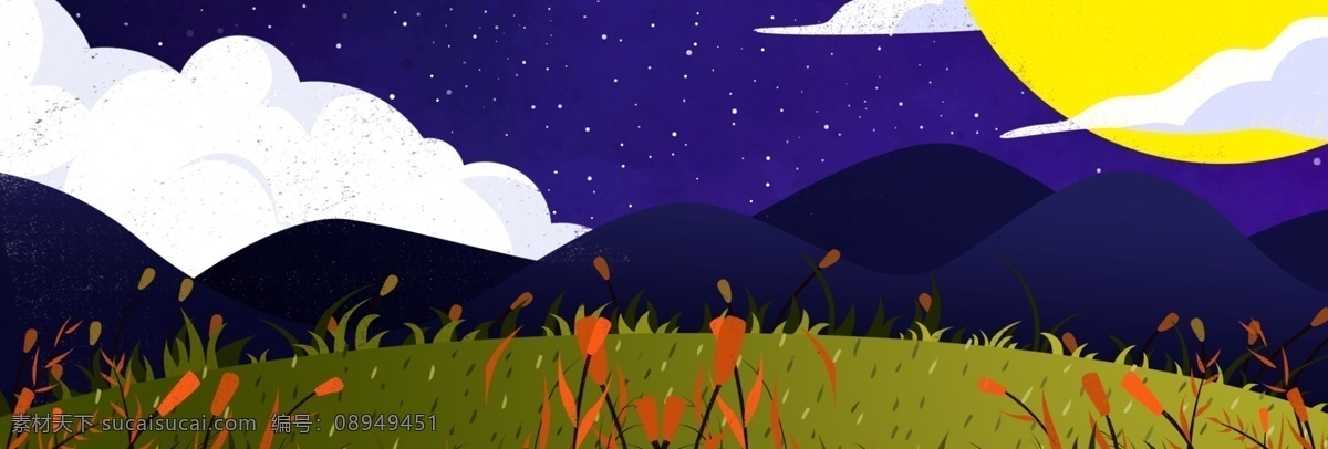 中国 风 传统节日 圆月 灯笼 banner 背景 卡通 夜晚 唯美 通用背景 孔明灯 玉兔 吃月饼