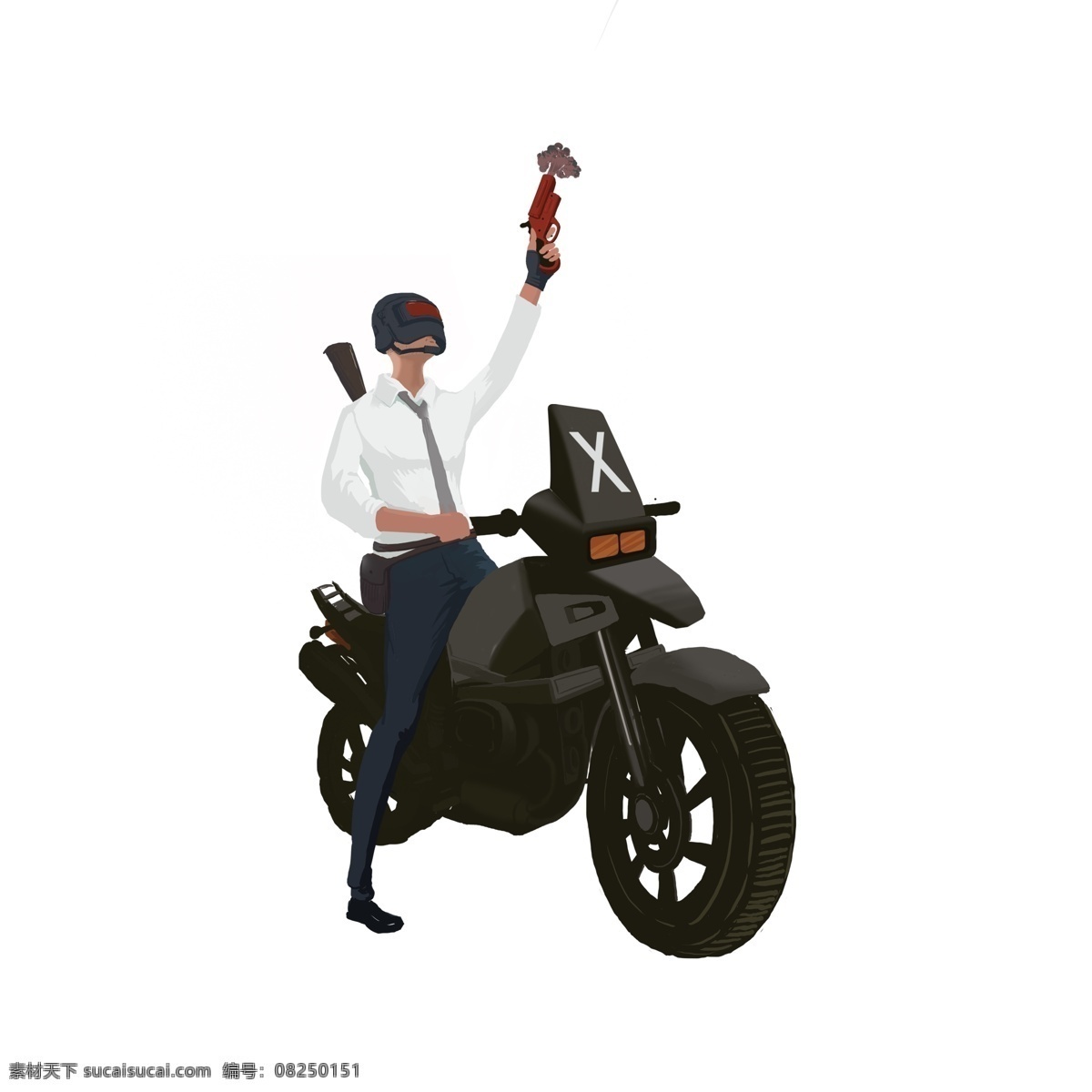 骑 摩托车 吃 鸡 少年 卡通 人物 插画 手绘 手枪 吃鸡游戏