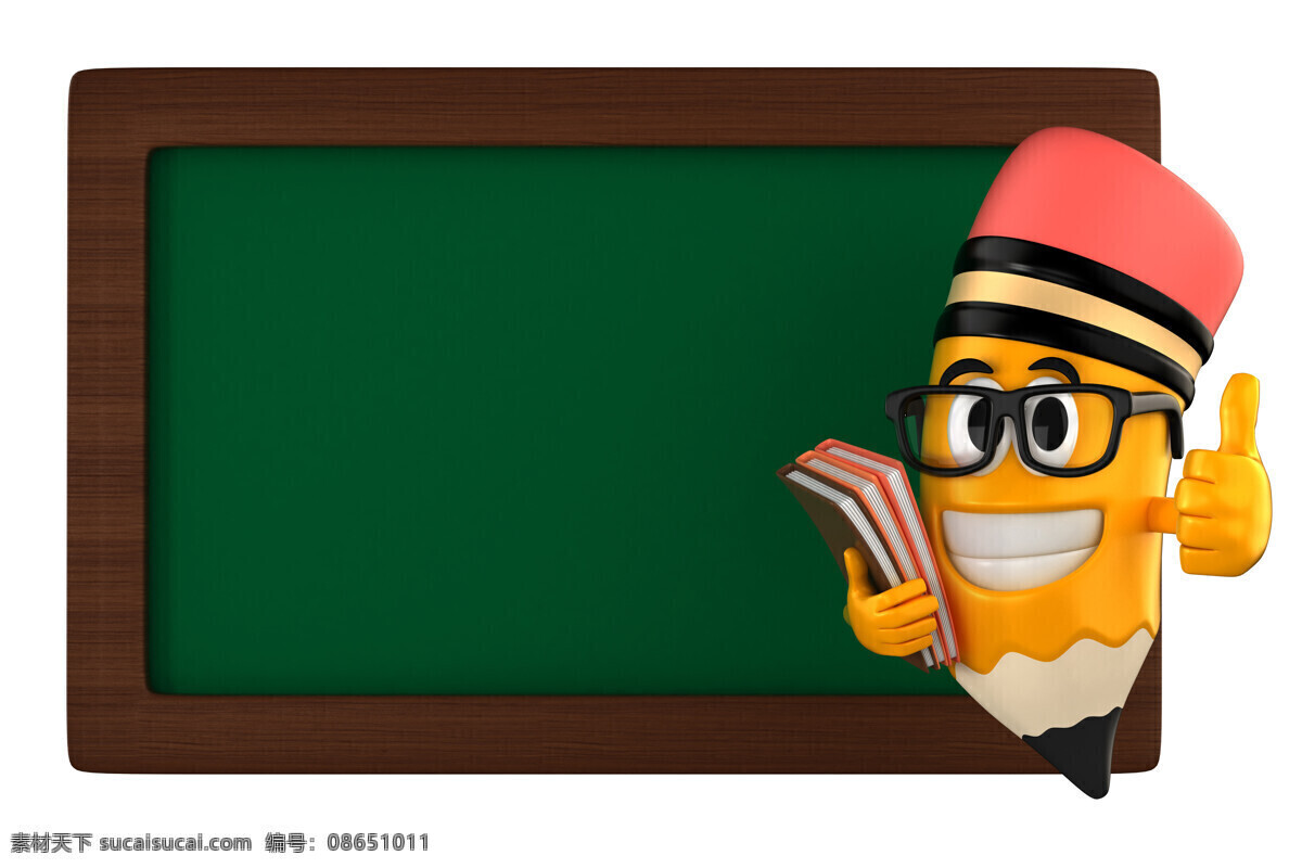 黑板 卡通 铅笔 人物 3d人物 卡通人物 书 黑边眼镜 竖大拇指 办公学习 生活百科