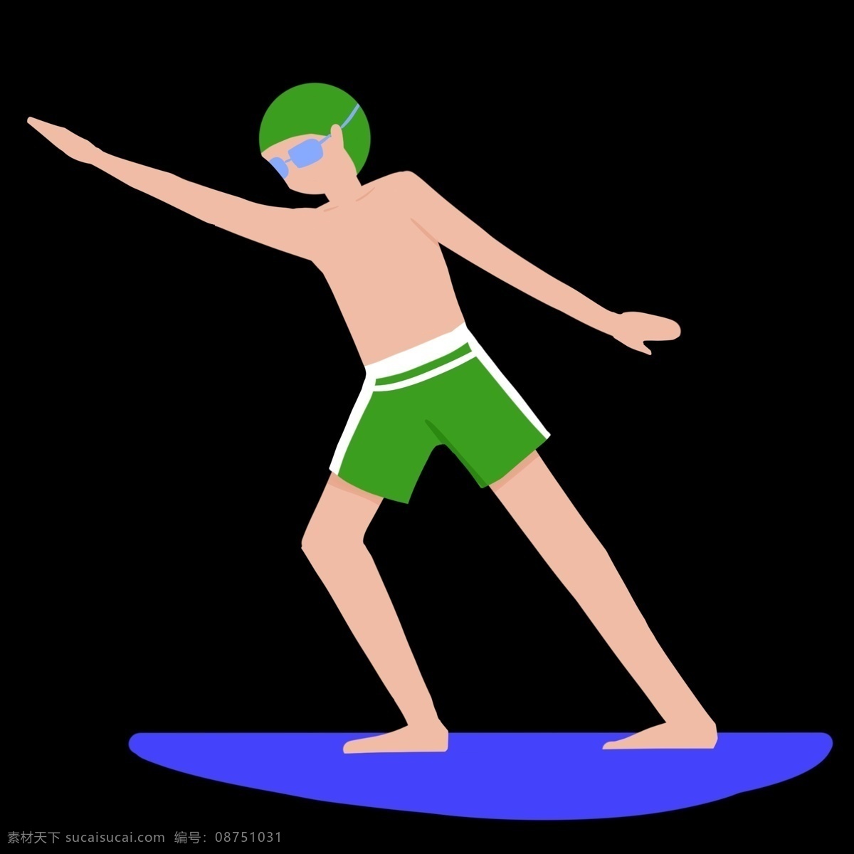夏季冲浪人物 绿色泳裤 泳镜 冲浪