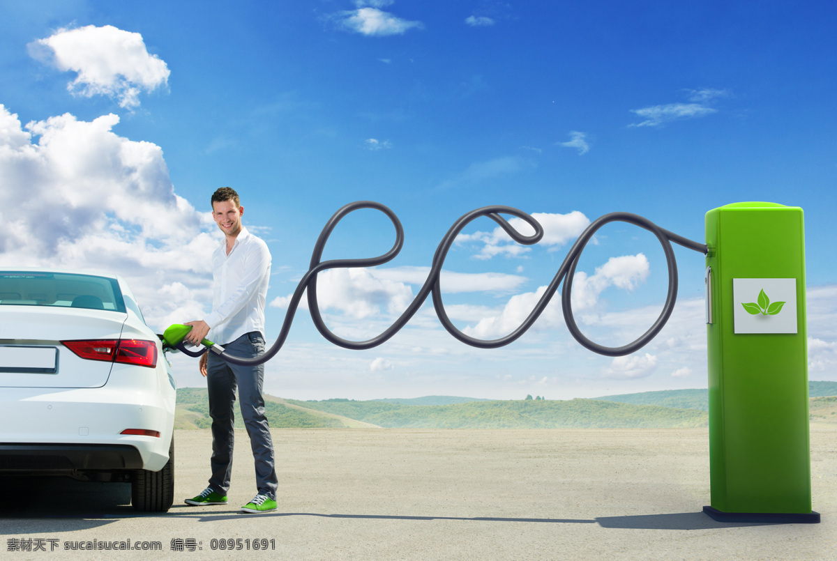 给汽车加油 汽车加油 加油枪 绿色 创意人物 环保宣传 绿色环保 节能环保 环境保护 能源保护 其他类别 生活百科 蓝色