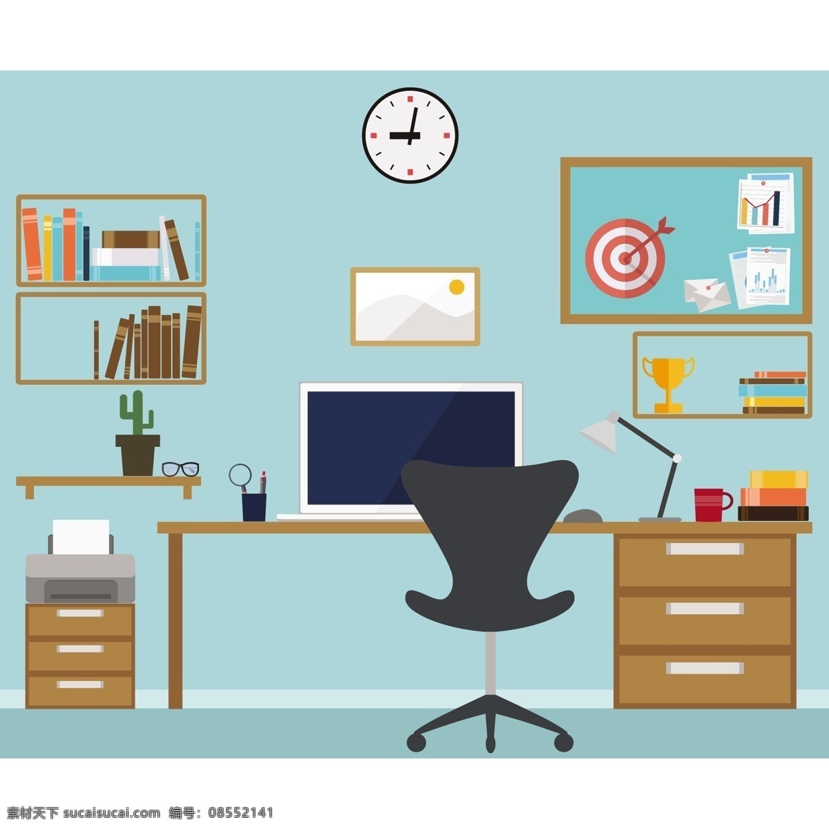 彩色 办公 空间设计 背景 书籍 电脑 时钟 墙纸 颜色 房间 书桌 彩色背景 椅子 打印机 工作区 多彩的背景 彩色的
