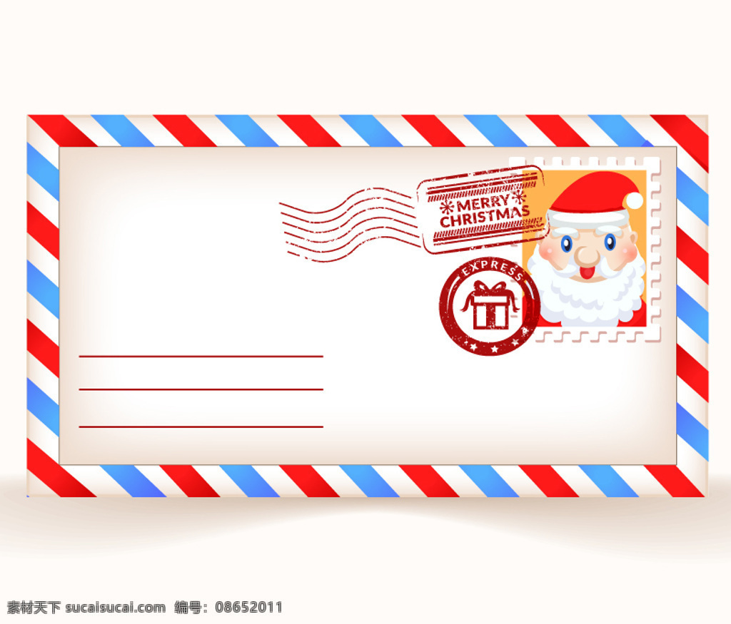 圣诞节 信封 明信片 圣诞老人 邮戳 邮票 祝福 可爱 矢量 节日素材 其他节日