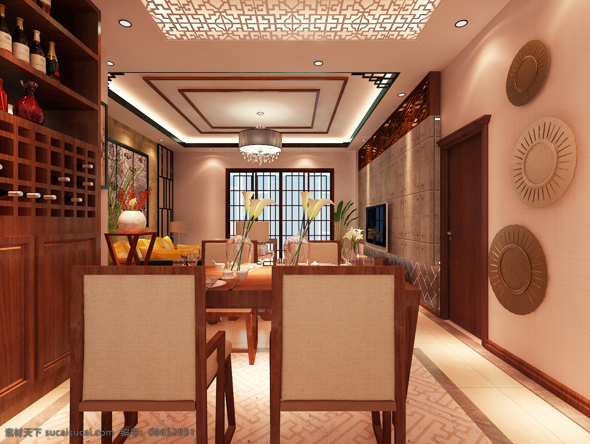 新 中式 风格 餐厅 室内 效果图 新中式 实木吊顶 家装效果图 室内设计 传统设计 现代设计 家装素材