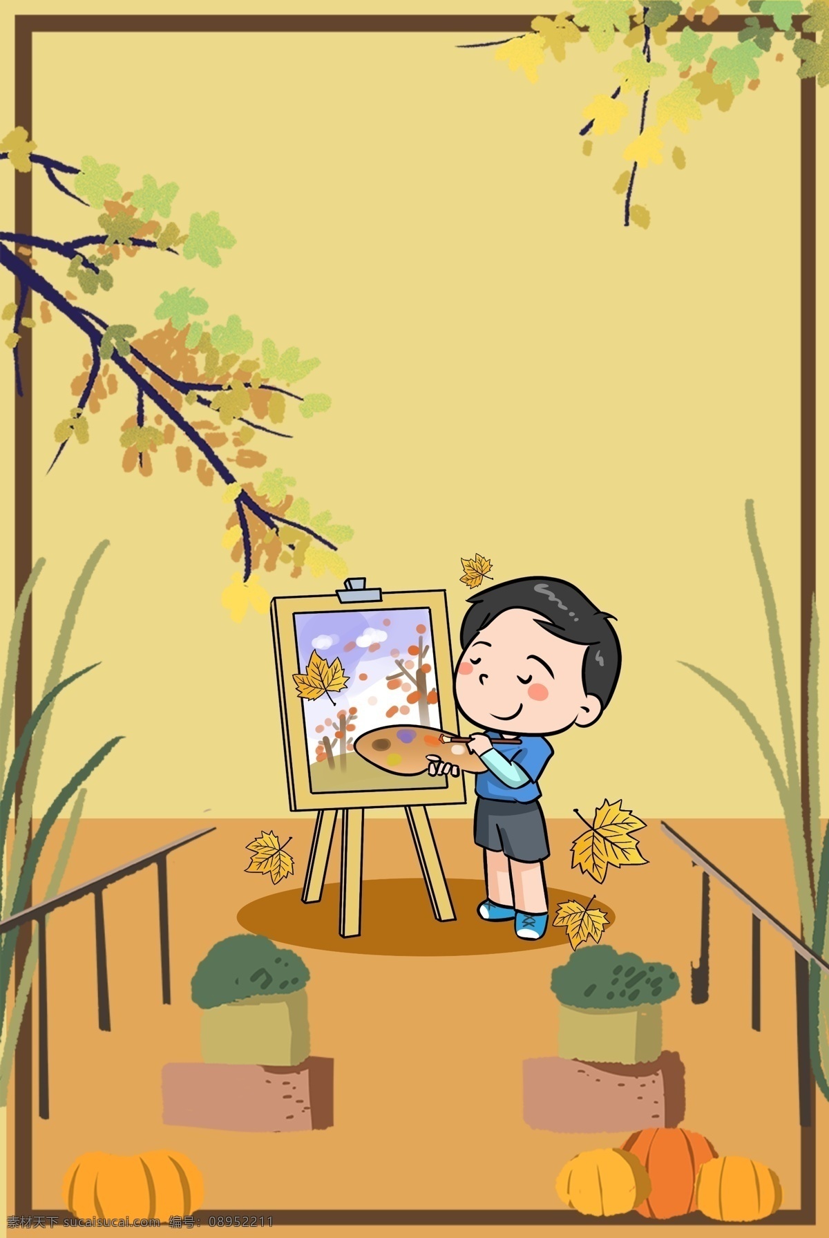 秋分 郊外 男孩 画画 写生 手绘 卡通 背景 海报 二十四节气 郊外树林 画画写生 创意 展板