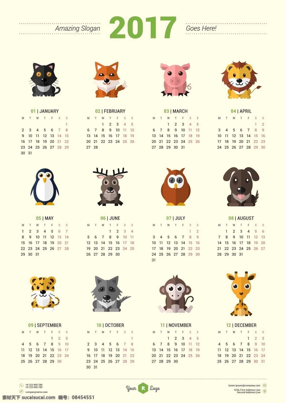 2017 年 日历 挂历 扁平化 卡通 风景 矢量 可爱 小动物 创意 模板 简约 数字 风格