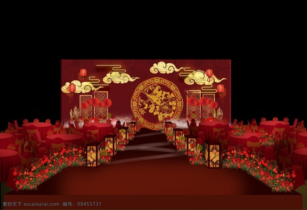 中式 婚礼 圆形 龙凤 芦苇 效果图 金色祥云 龙凤图案 中式婚礼 红色婚礼 婚礼效果图 梅花灯路引