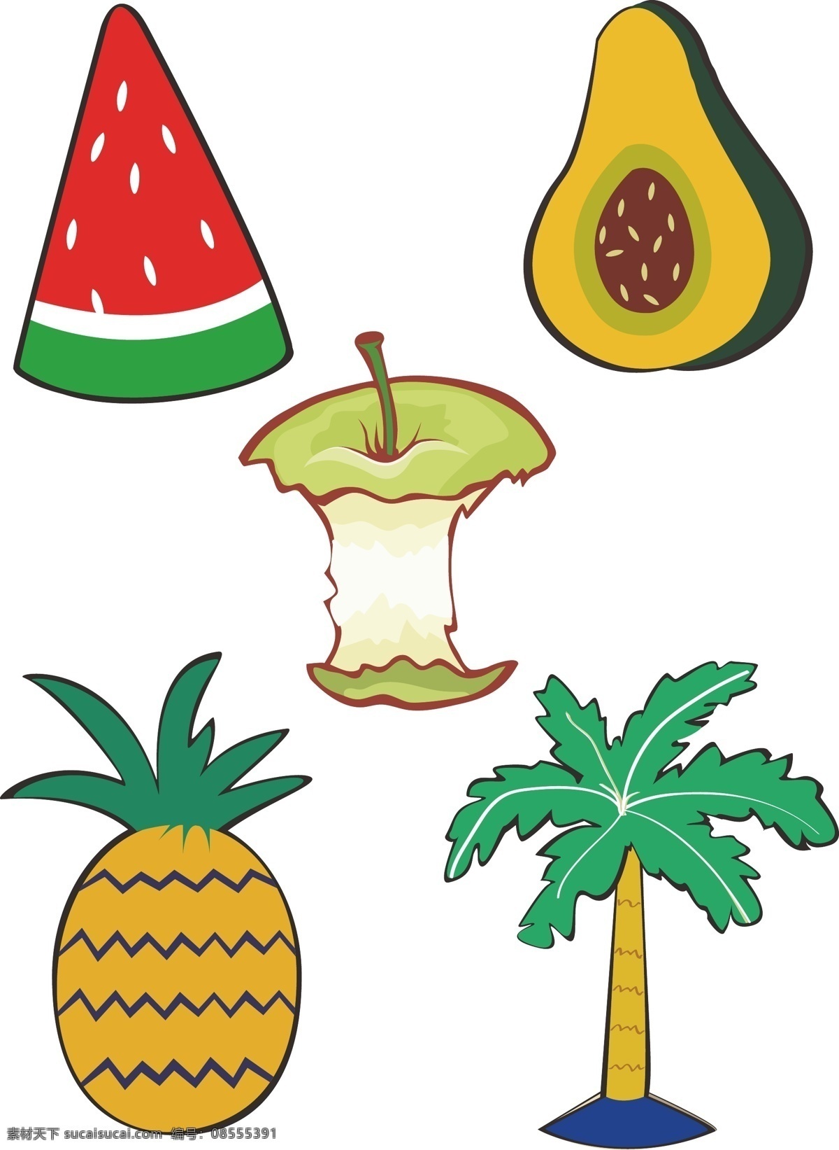 热带卡通水果 菠萝 椰树 苹果 木瓜 西瓜 热带