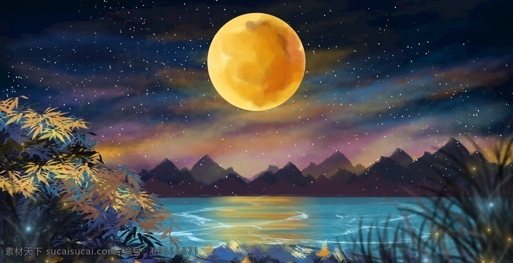 中秋 月圆 美景 海报 夜色 河流