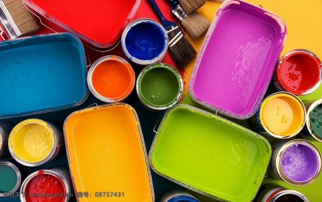 颜料图片 油漆桶 彩绘桶 彩漆 油漆 绘画颜料 颜料 彩色 高饱和度 艳丽 五颜六色 刷子 文化艺术 美术绘画