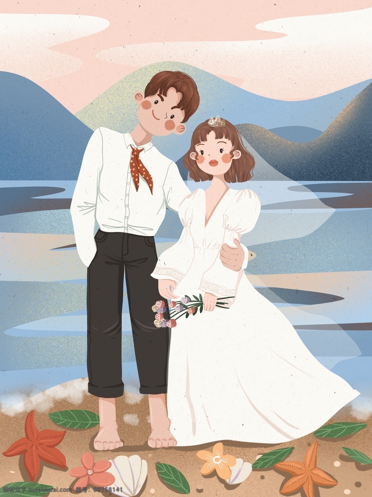 温馨 浪漫婚礼 小 清新 插画 浪漫 结婚 婚礼 可爱 小清新 海边 夕阳 夫妻
