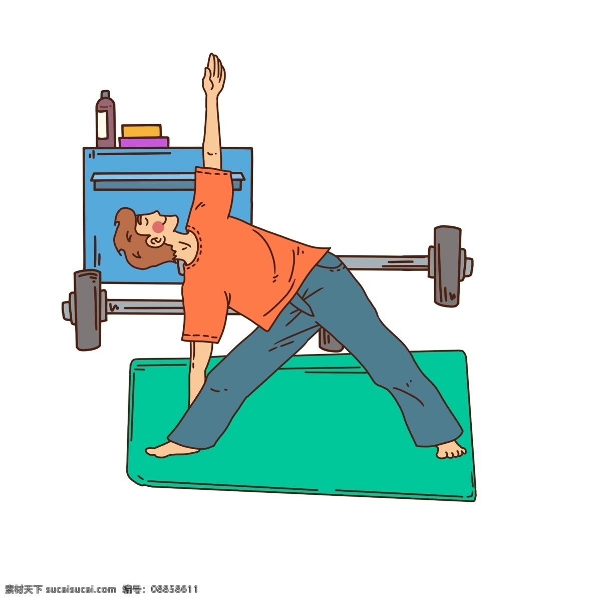 健身 人物 垫子 插画 健身锻炼 健身器材 蓝色的柜子 健身器材插画 手绘 绿色的垫子