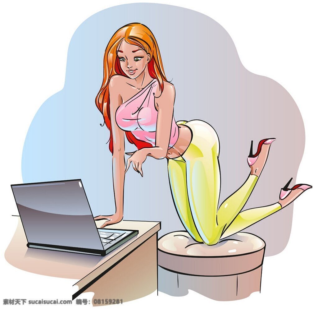 性感美女插画 女人 性感女人 卡通人物 矢量素材 美女 漫画 电脑 桌子