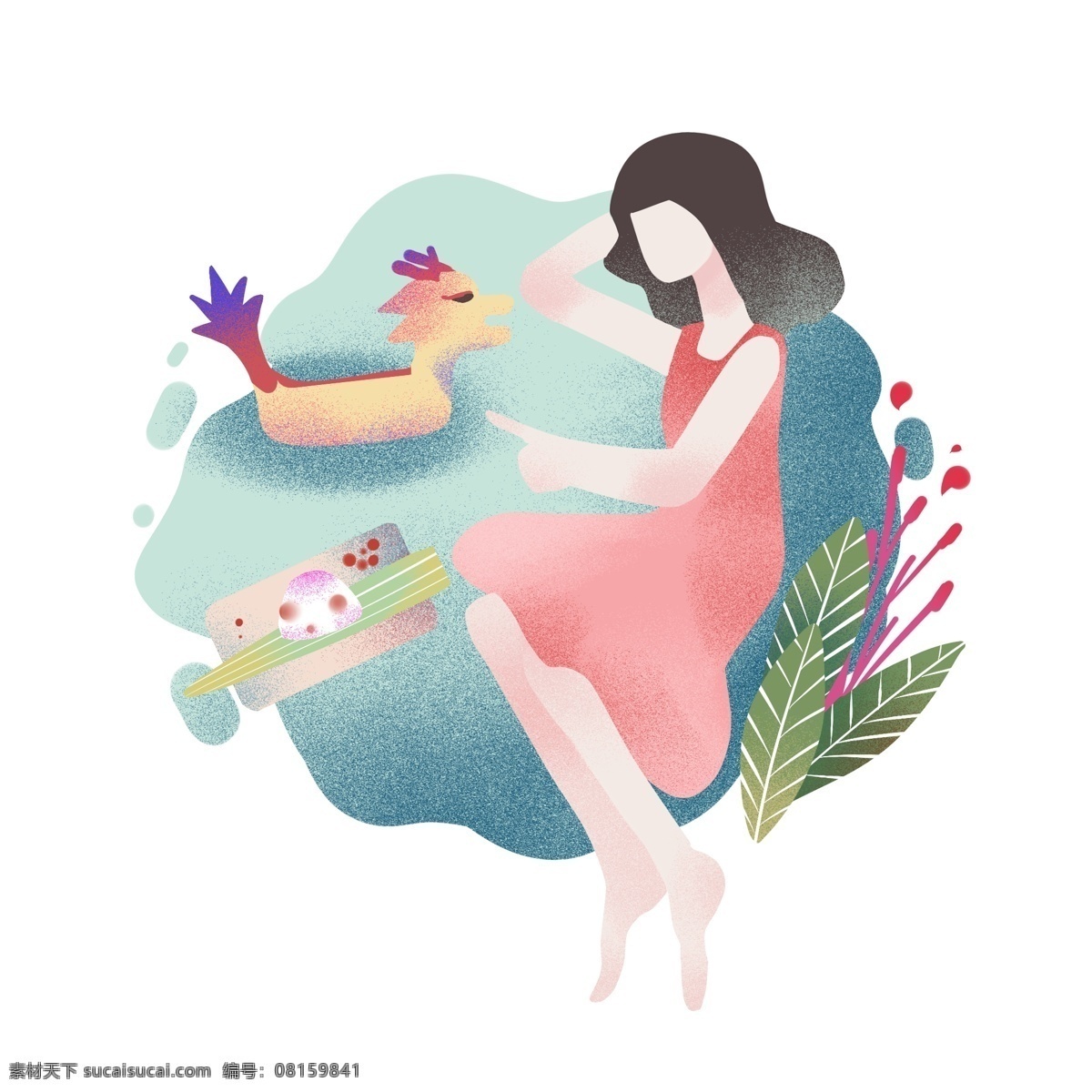端午节 龙舟 粽子 女孩 插画 端午节习俗 龙舟装饰 美味的粽子 美食 可爱的女孩 绿叶装饰 中国风节日