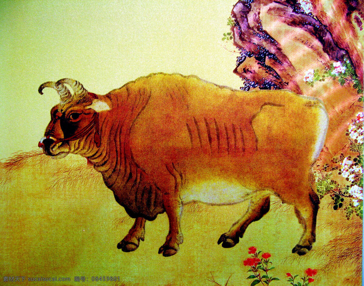 黄牛图 绘画 中国画 工笔重彩画 动物画 现代国画 牛 黄牛 花木 花朵 花草 野外 石头 草地 国画艺术 书法 印章 国画集21 绘画书法 文化艺术