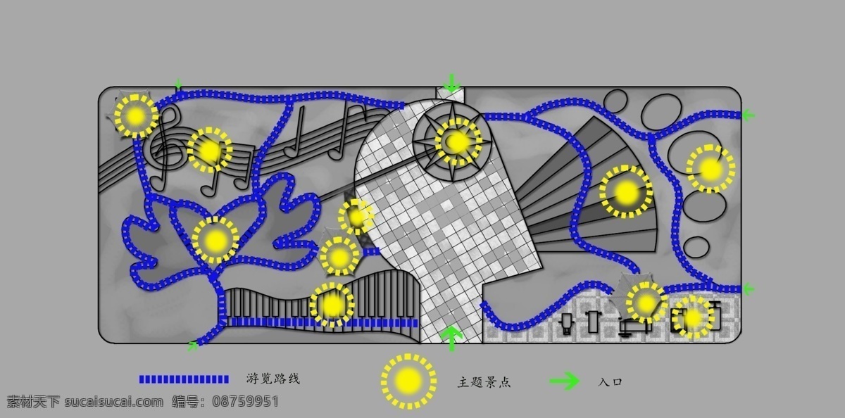 音乐 广场 游 线 分析图 园林景观 规划设计 园林设计 平面广场素材 园林平面素材 景观 规划 灰色